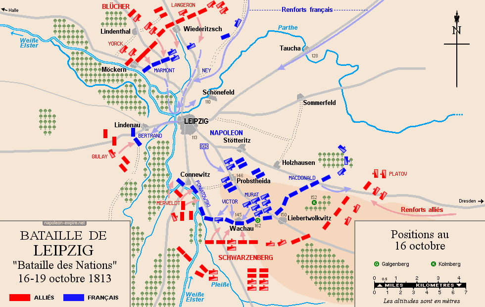 Batailles napoléoniennes - Carte de la bataille de Leipzig - Positions au 16 octobre