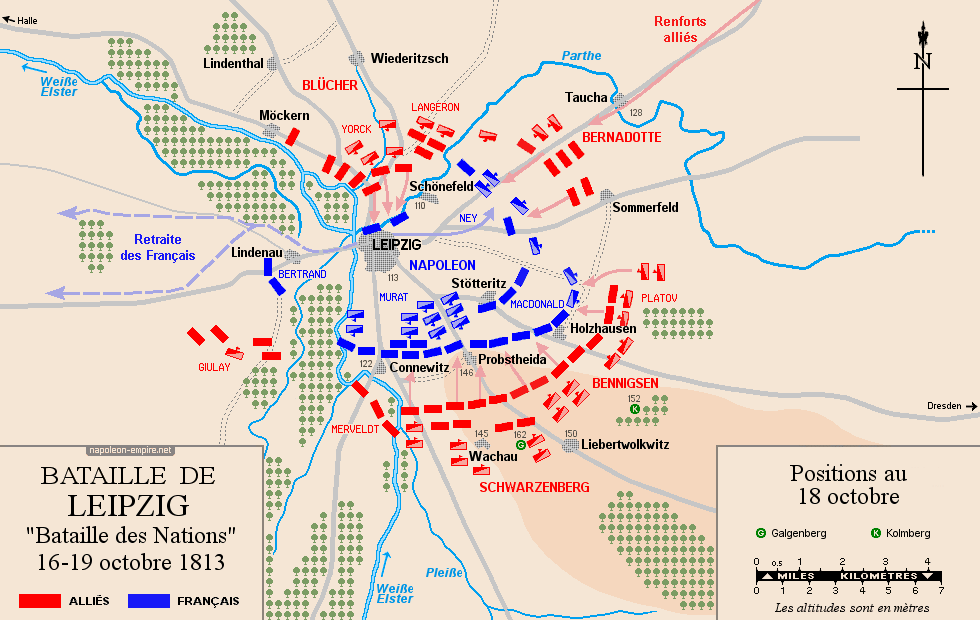 Batailles napoléoniennes - Carte de la bataille de Leipzig - Positions au 18 octobre