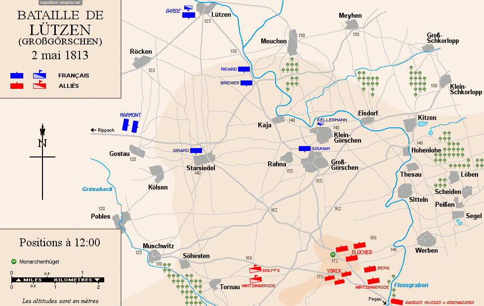 Batailles napoléoniennes - Carte de la bataille de Lützen  - Positions vers midi