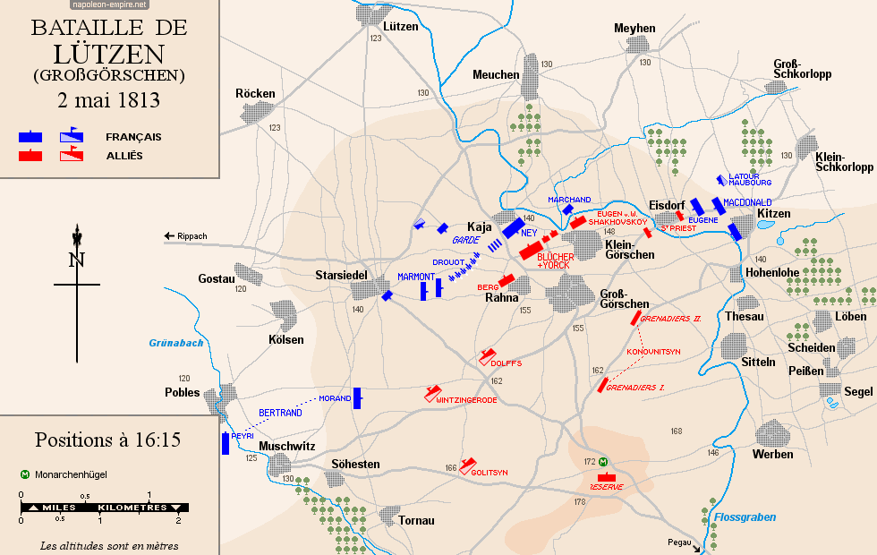 Batailles napoléoniennes - Carte de la bataille de Lützen  - Positions vers 16:15