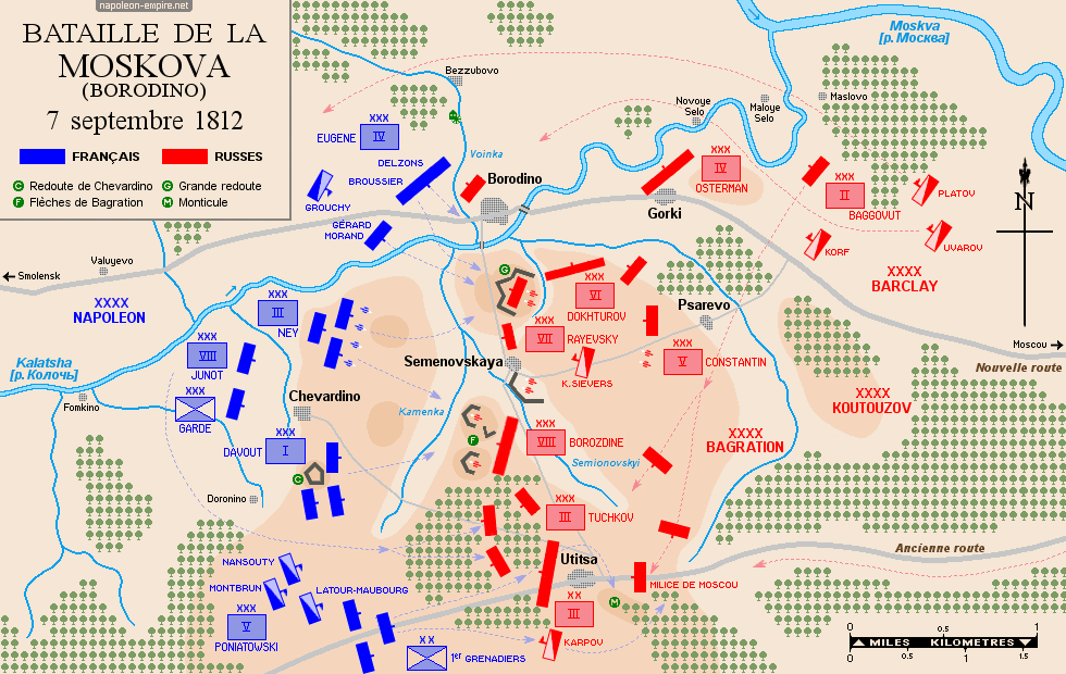 Batailles napoléoniennes - Carte de la bataille de la Moskowa (Moskova) ou de Borodino