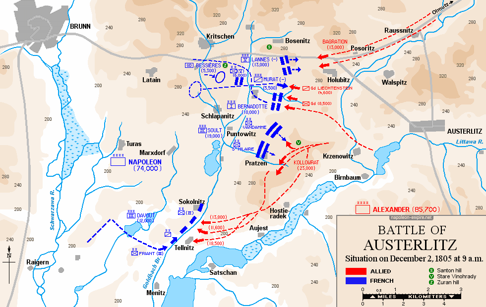 Napoleonic Battles - Map of the battle of Austerlitz - Situation on December 2, 1805 at 9 a.m.