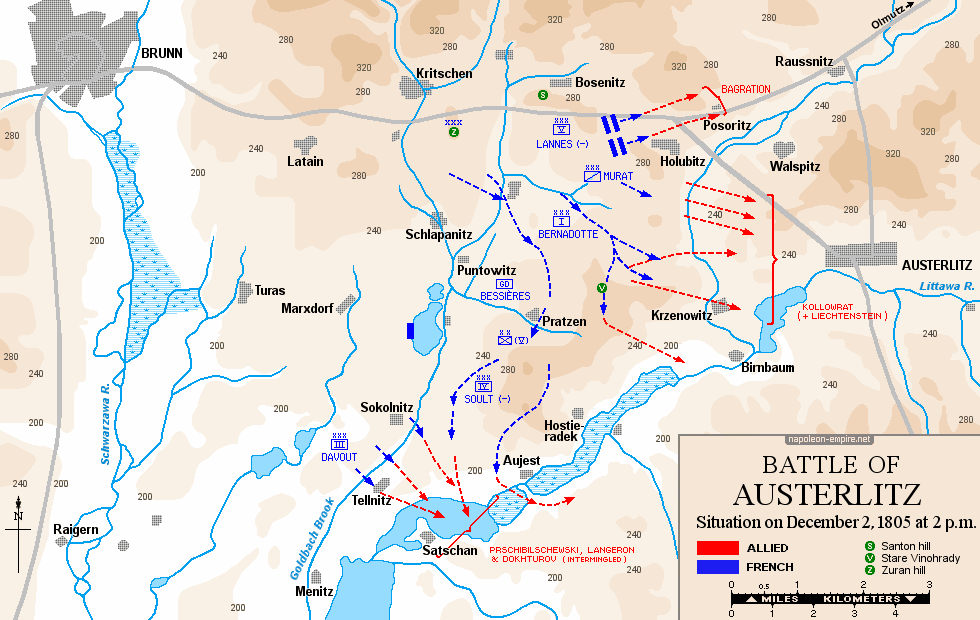 Napoleonic Battles - Map of the battle of Austerlitz - Situation on December 2, 1805 at 2 p.m.