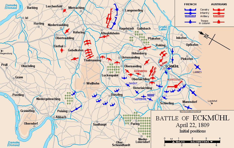 Napoleonic Battles - Map of the battle of Eckmühl - Positions before the battle
