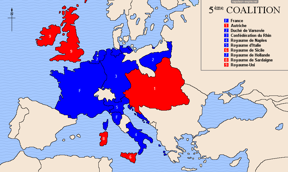 Carte d'Europe des participants à la cinquième coalition