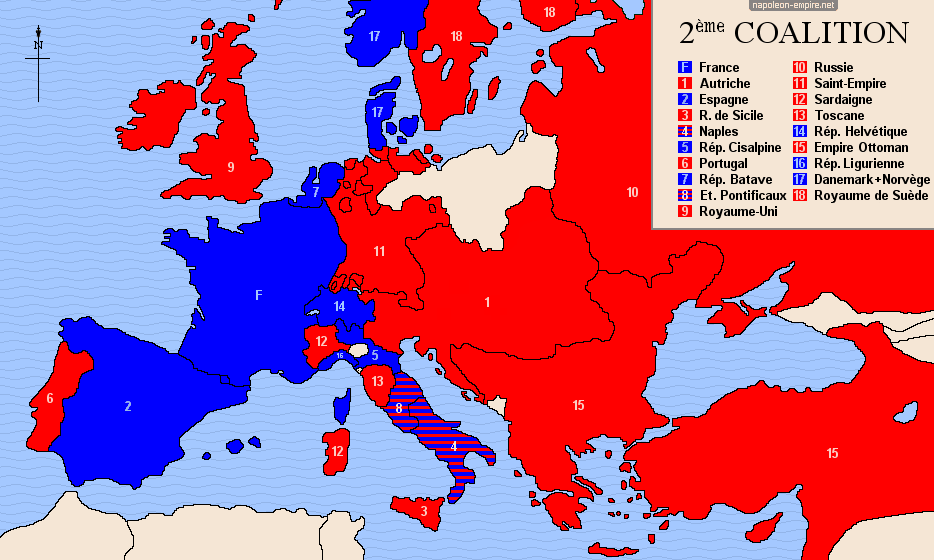 Carte d'Europe des participants à la seconde coalition