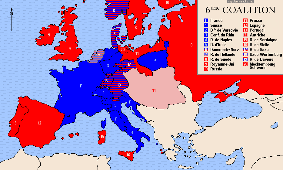 Carte d'Europe des participants à la sixième coalition