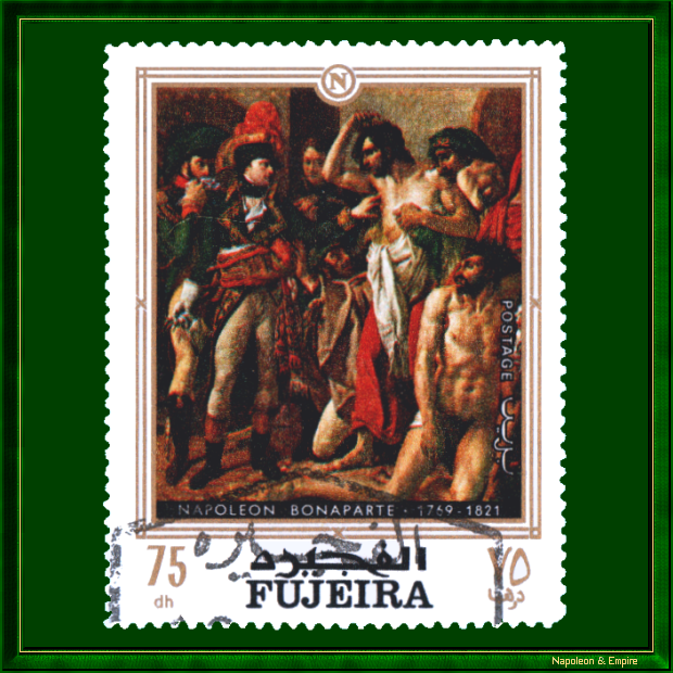 Timbre de Fujeira représentant Bonaparte visitant les pestiférés de Jaffa