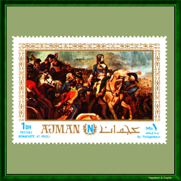 Timbre de l'émirat d'Ajman représentant le général Bonaparte à la bataille de Rivoli