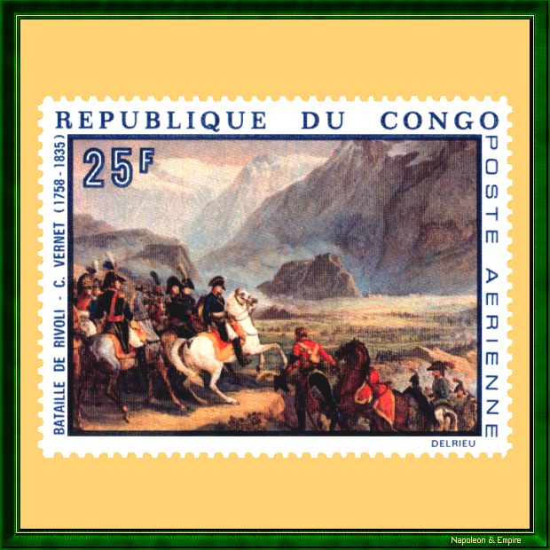 Timbre congolais représentant le général Bonaparte à la bataille de Rivoli