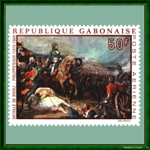 Timbre gabonais représentant le général Bonaparte à la bataille de Rivoli