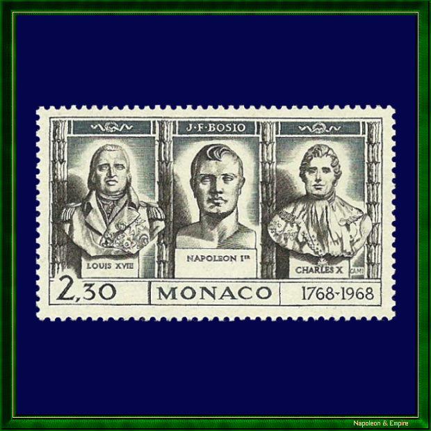 Timbre monégasque représentant Napoléon Ier, Louis XVIII et Charles X