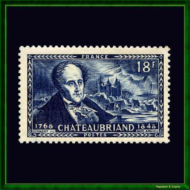 Timbre français de 18 francs représentant François René de Chataubriand