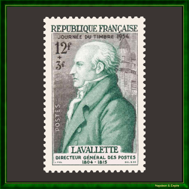 Timbre français de 12 plus 3 francs représentant Antoine Chamans de Lavalette