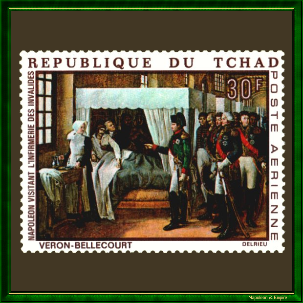Timbre tchadien représentant Napoléon en visite à l'infirmerie des Invalides